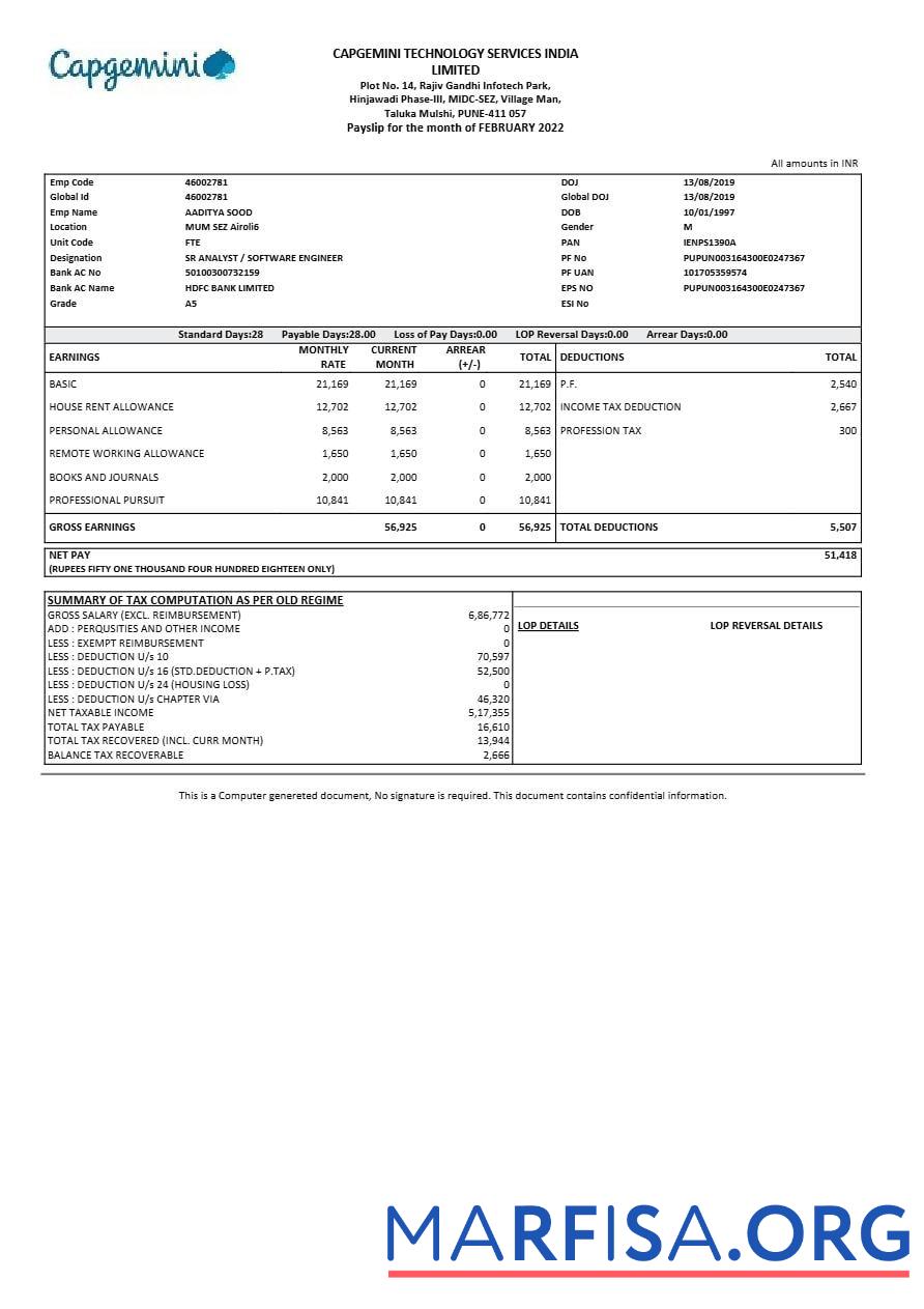 Blank Capgemini Technology Services India payslip sample